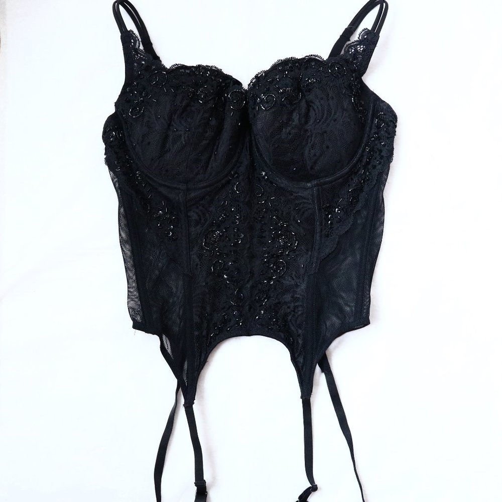 Victoria`s Secret Black Garter Corset 36D Mesh Lingerie Vintage 2001